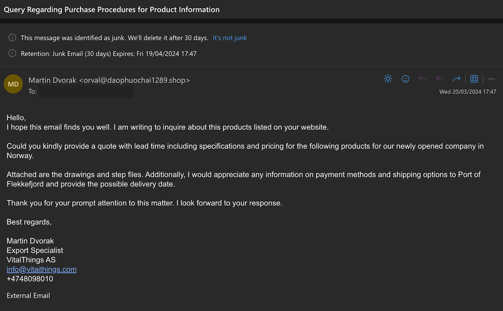 Attacking email screenshot