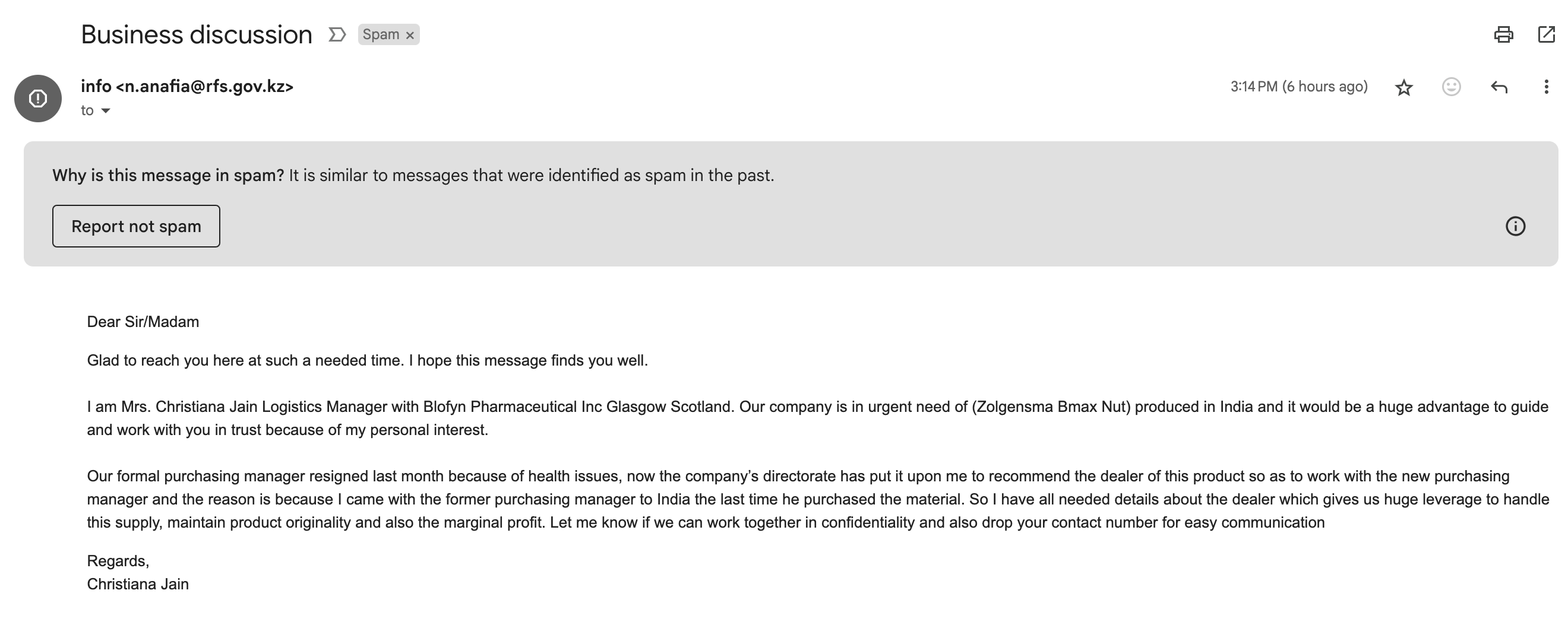 Attacking email screenshot