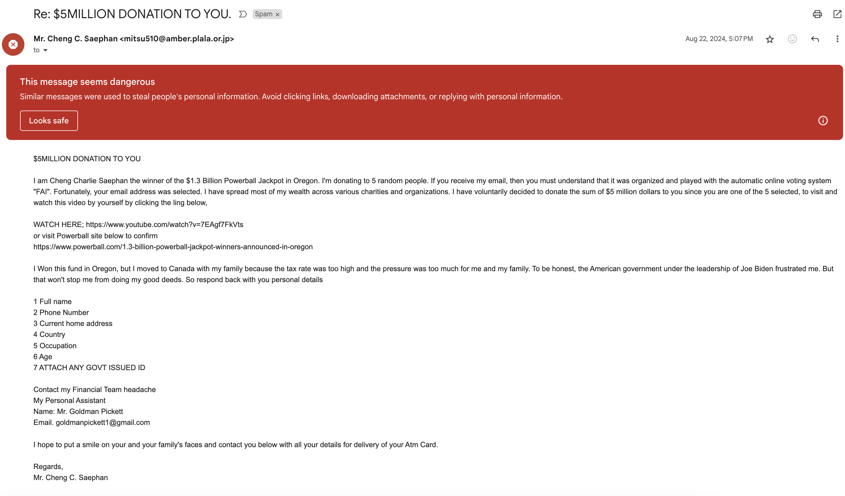 Attacking email screenshot