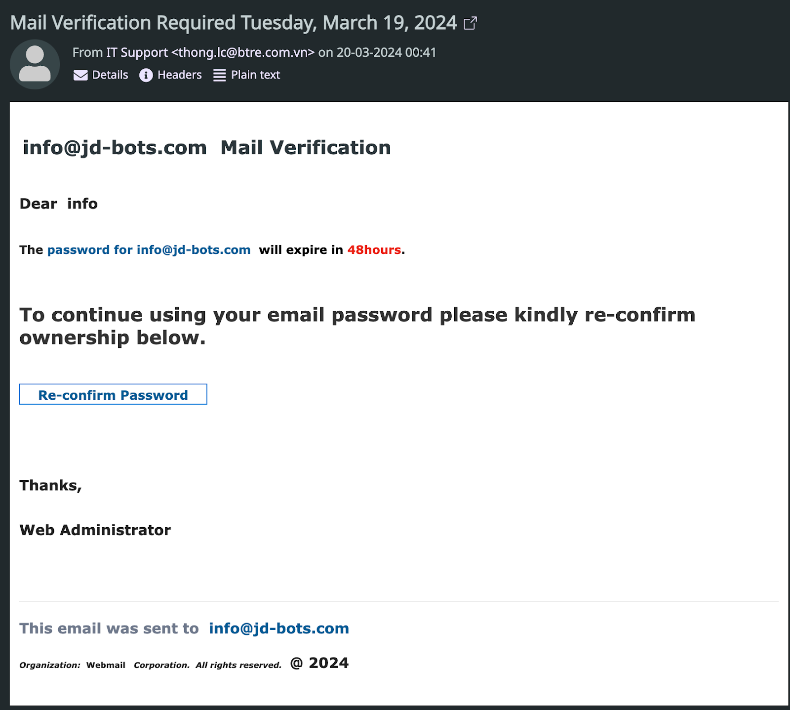 Attacking email screenshot