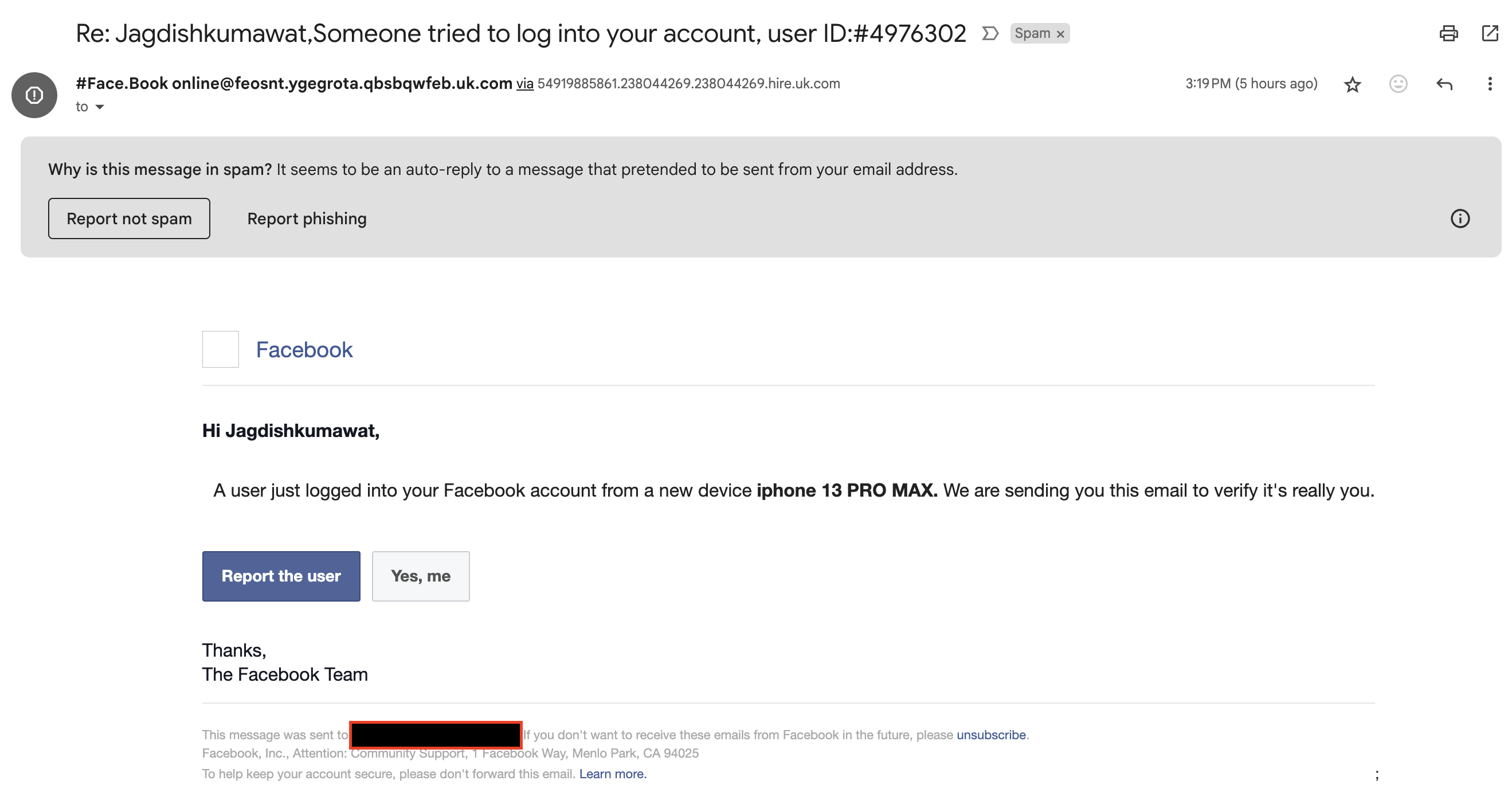 Attacking email screenshot
