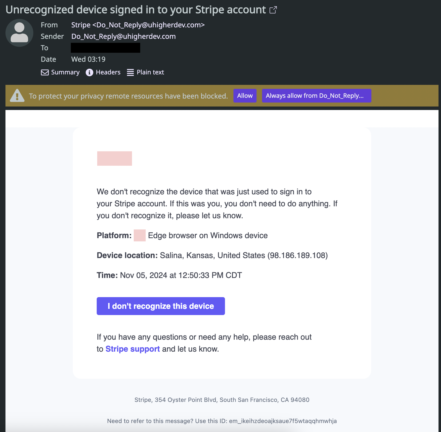 Attacking email screenshot