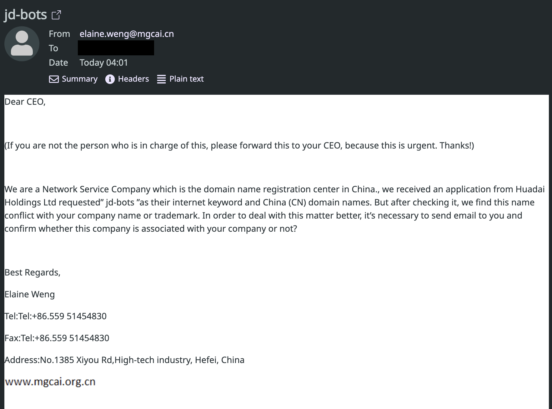 Attacking email screenshot