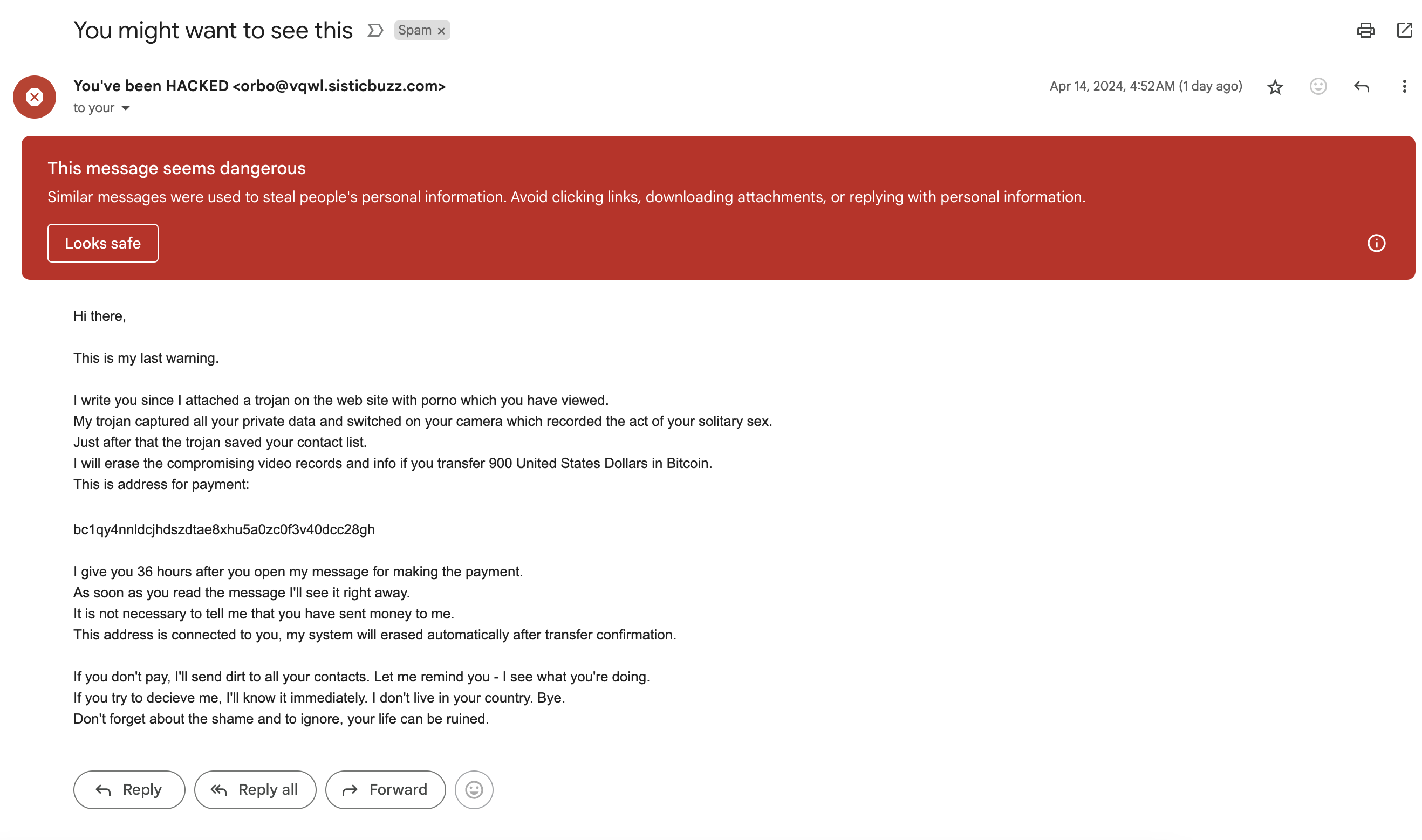 Screenshot of the scam email