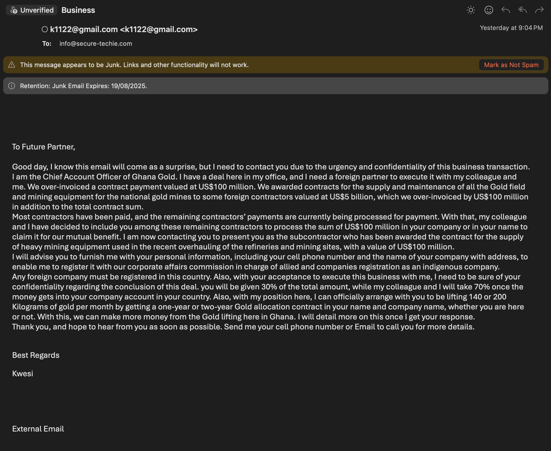 Attacking email screenshot