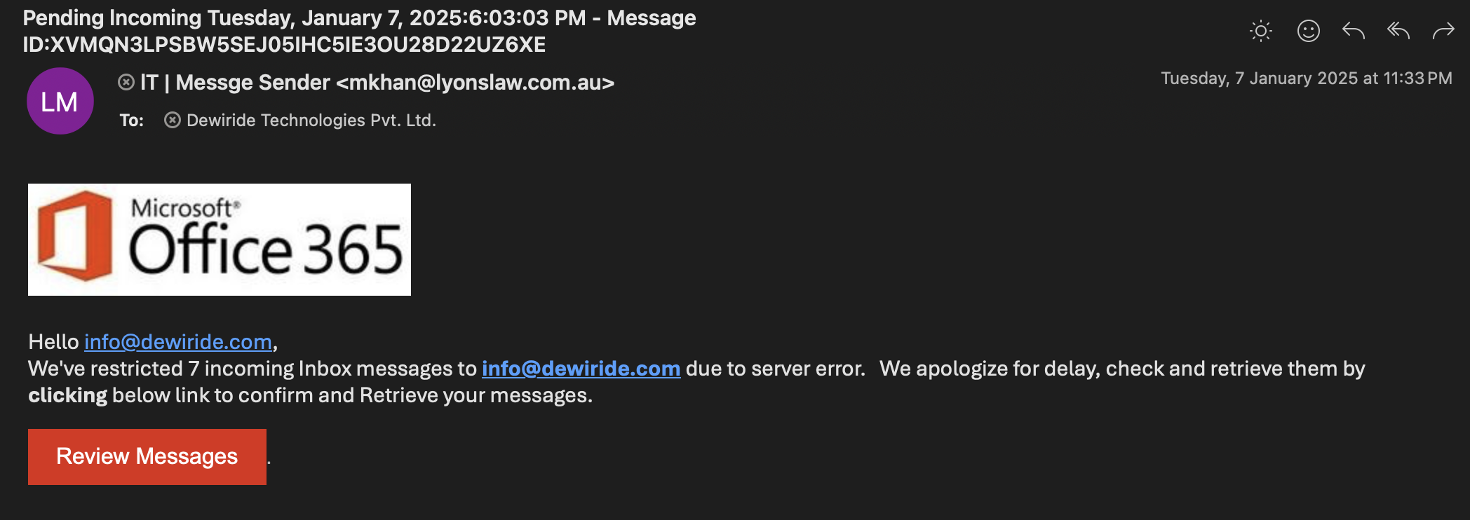Attacking email screenshot