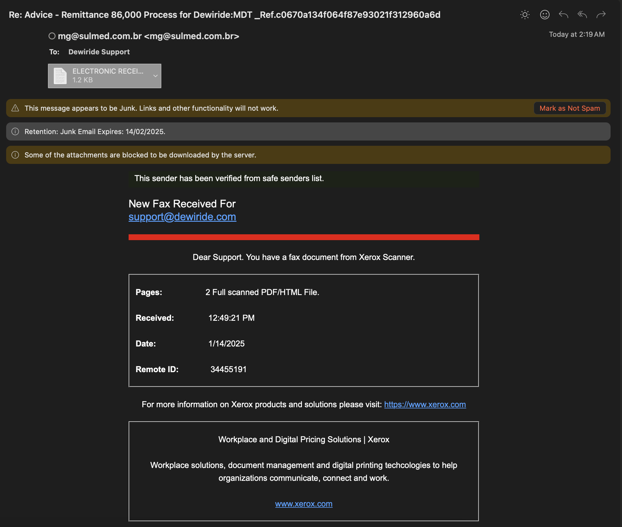 Attacking email screenshot