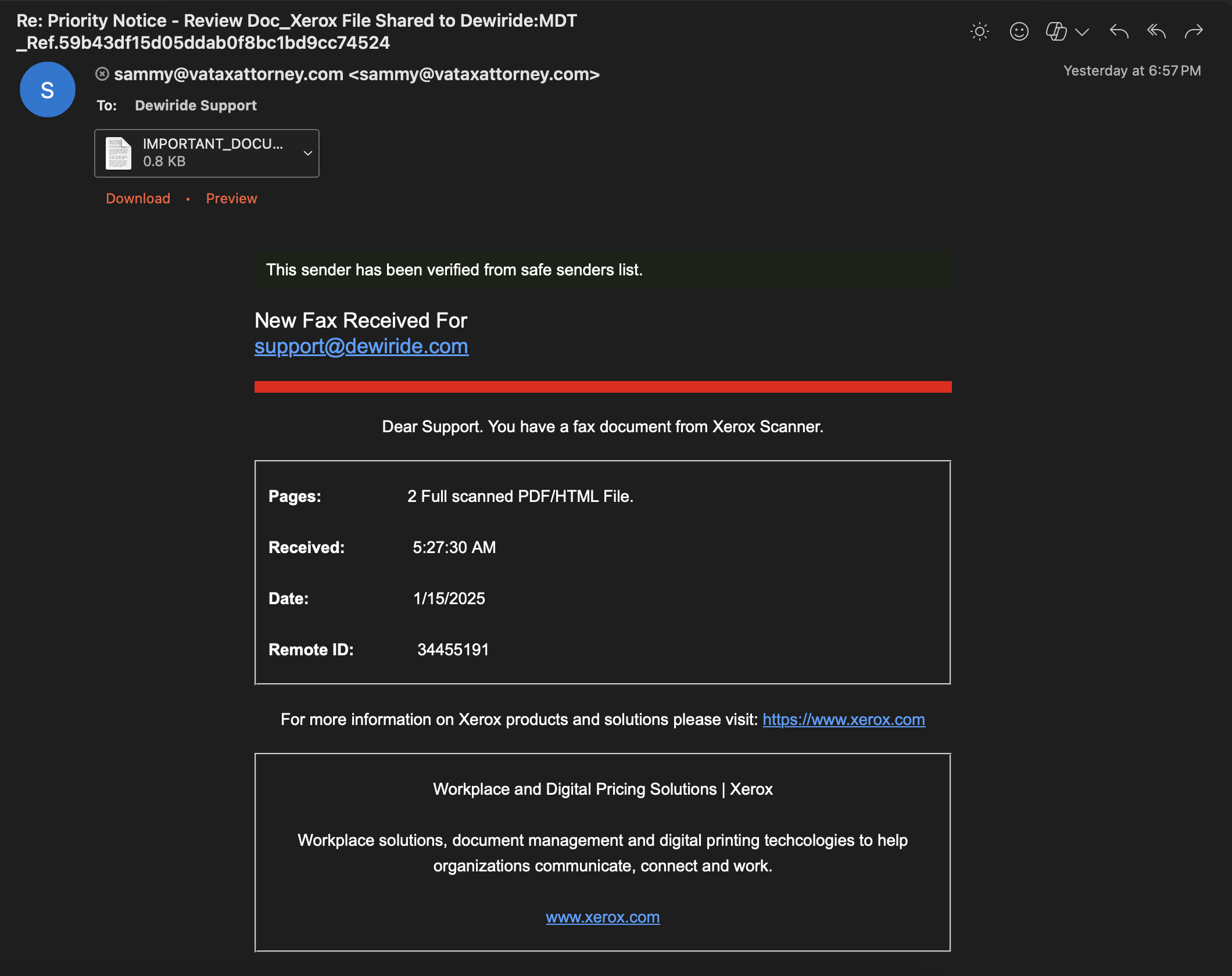 Attacking email screenshot