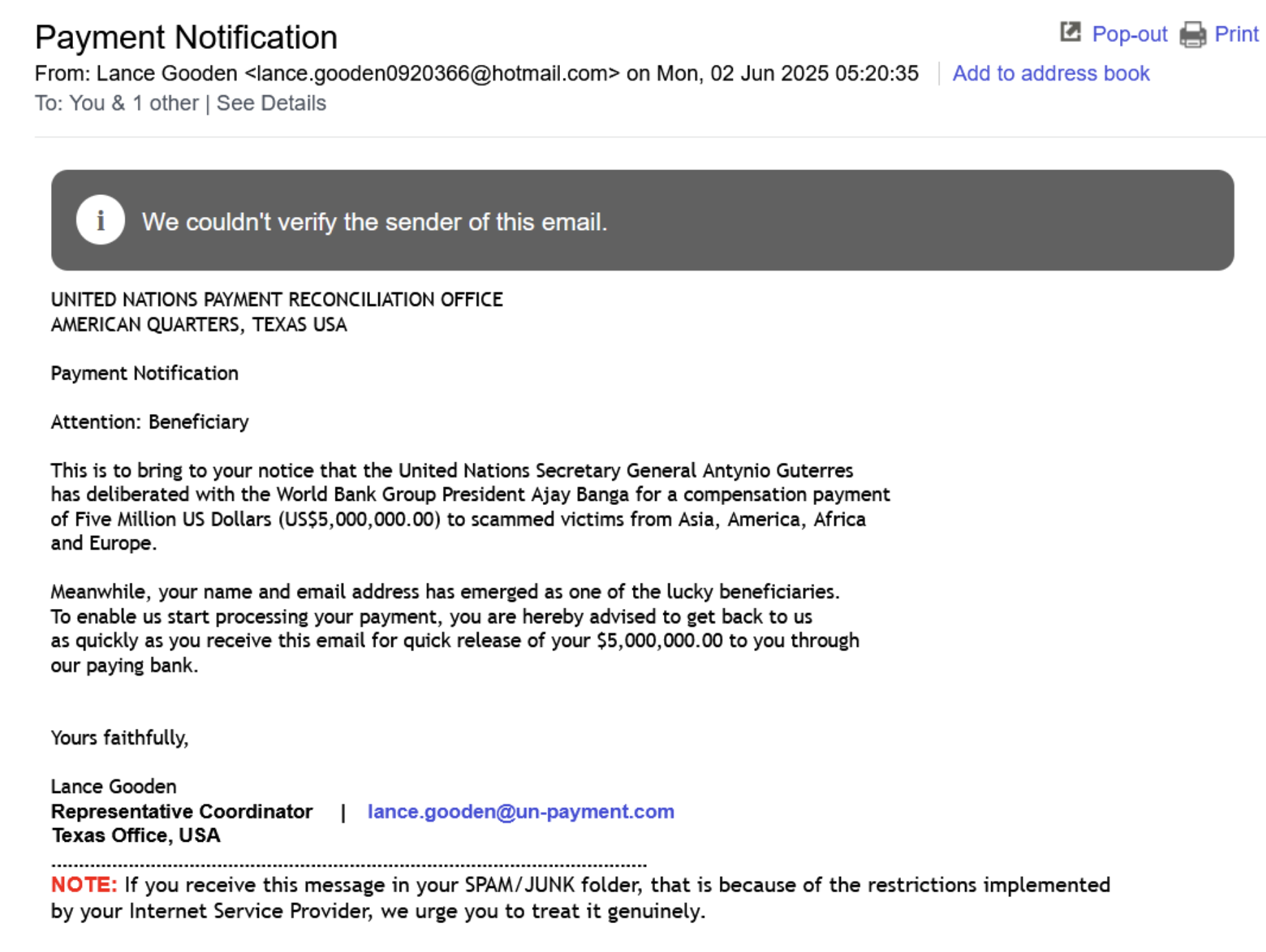 Attacking email screenshot