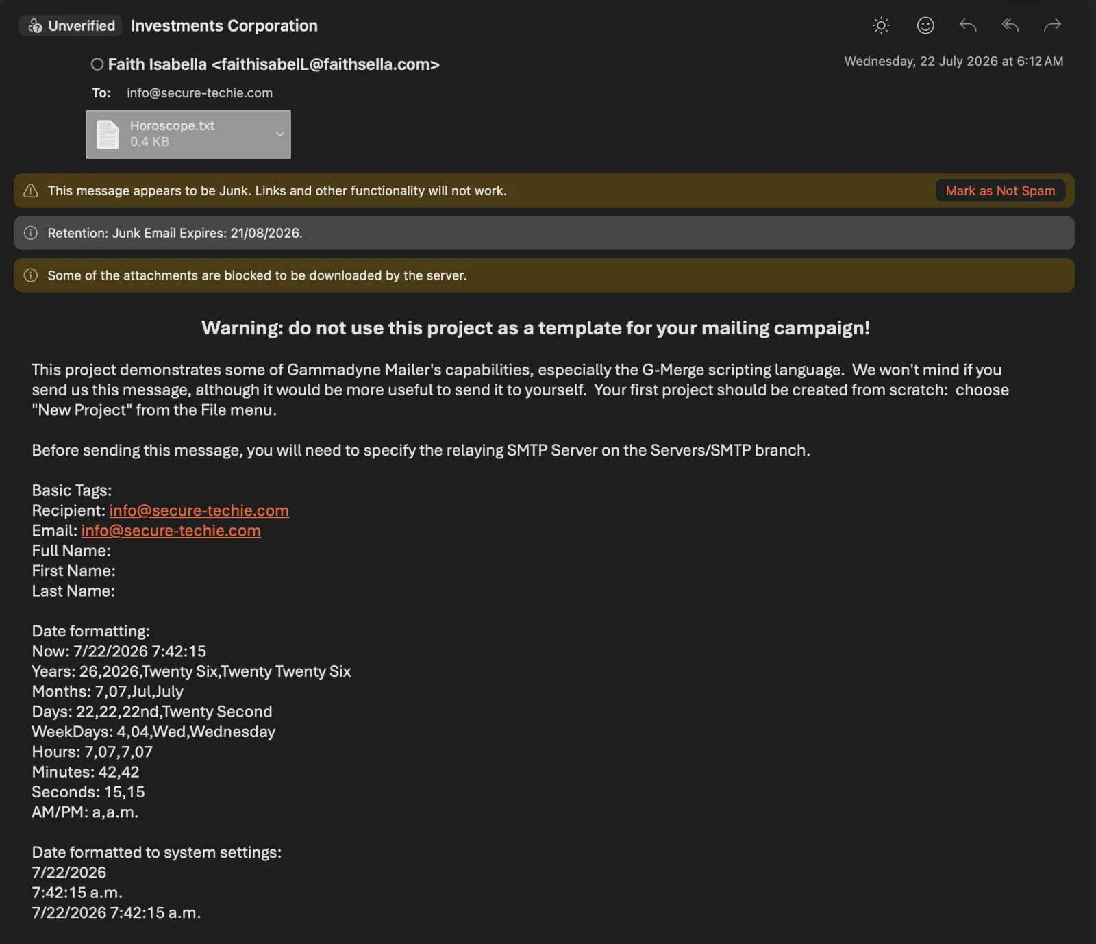 Attacking email screenshot