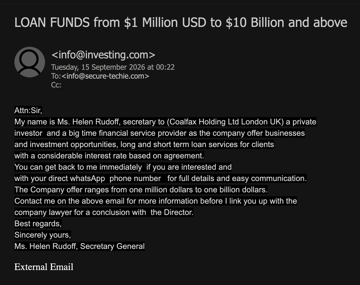 Attacking email screenshot: a loan offer signed by Ms. Helen Rudoff, Secretary General, with a dark strip behind each line of text