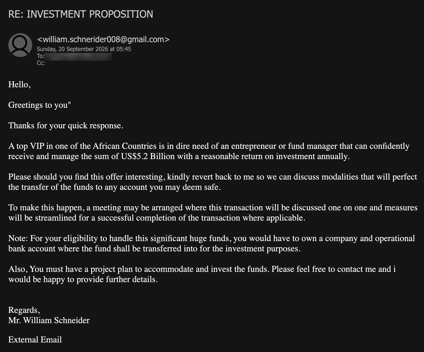 Attacking email screenshot: RE: INVESTMENT PROPOSITION from a Gmail address, offering US$5.2 Billion on behalf of an unnamed African VIP, with the recipient address blurred