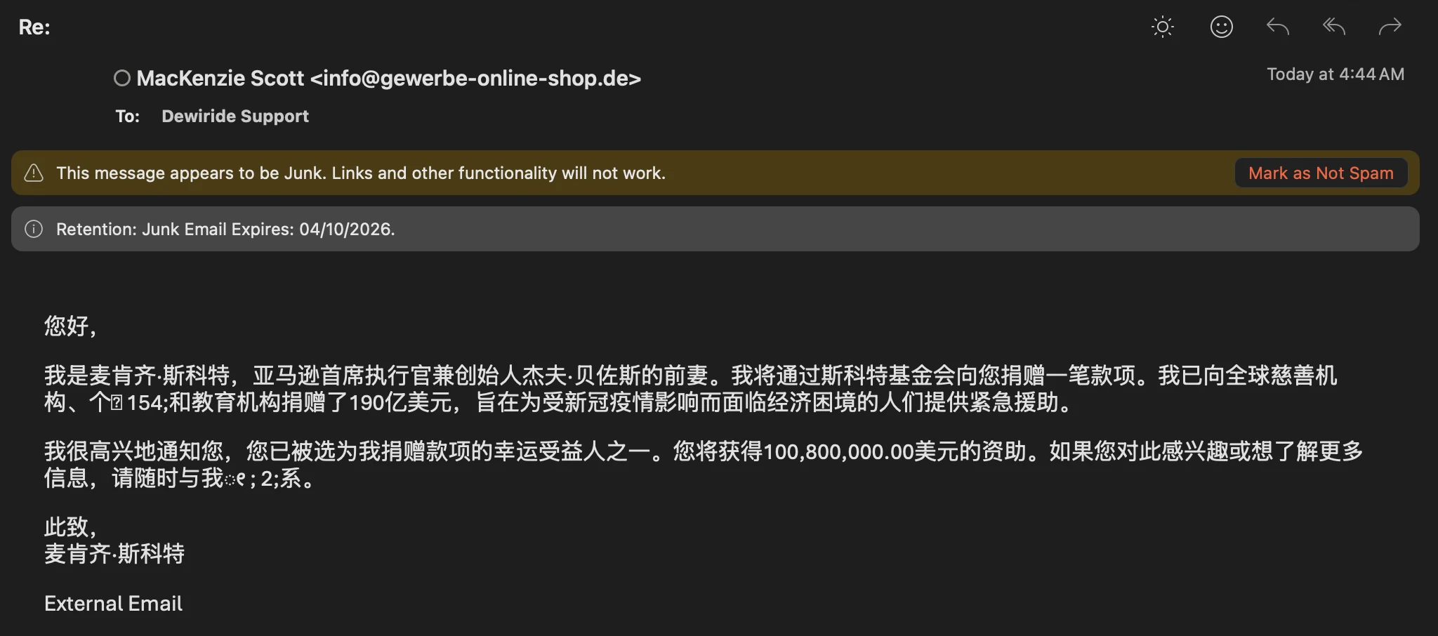 Attacking email screenshot