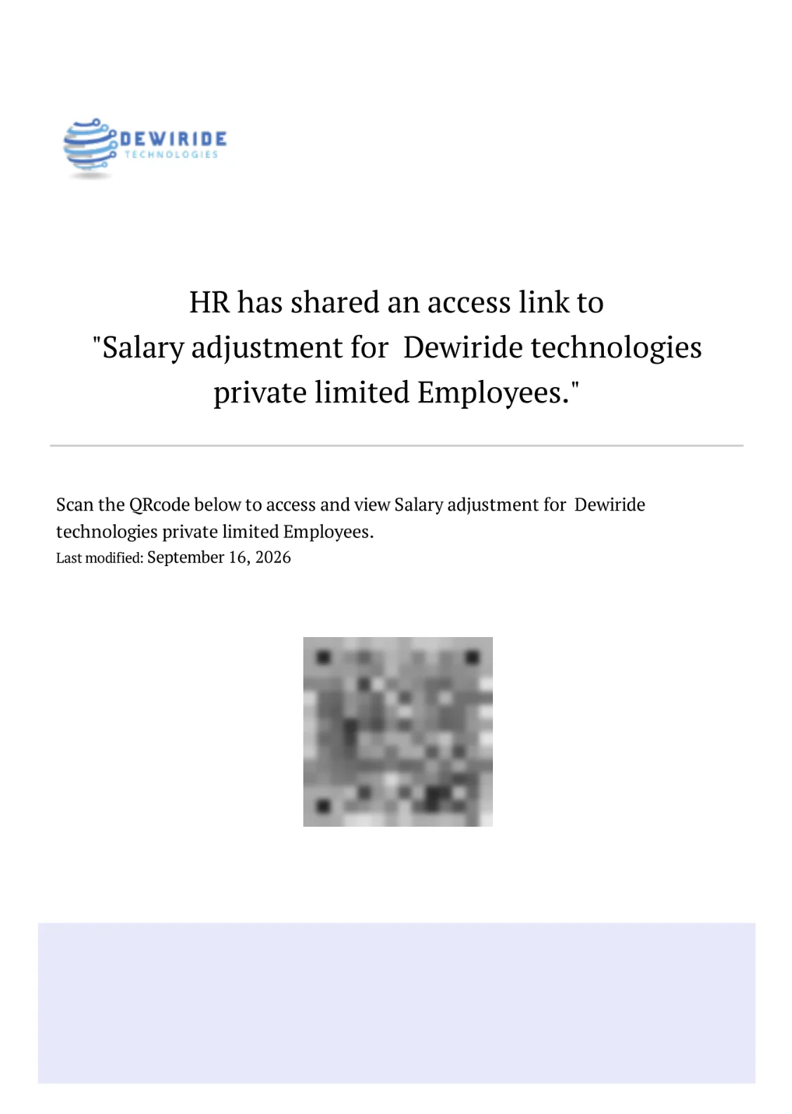 Attachment, page 1: the company logo, an HR access-link notice and a QR code, pixelated by Secure Techie