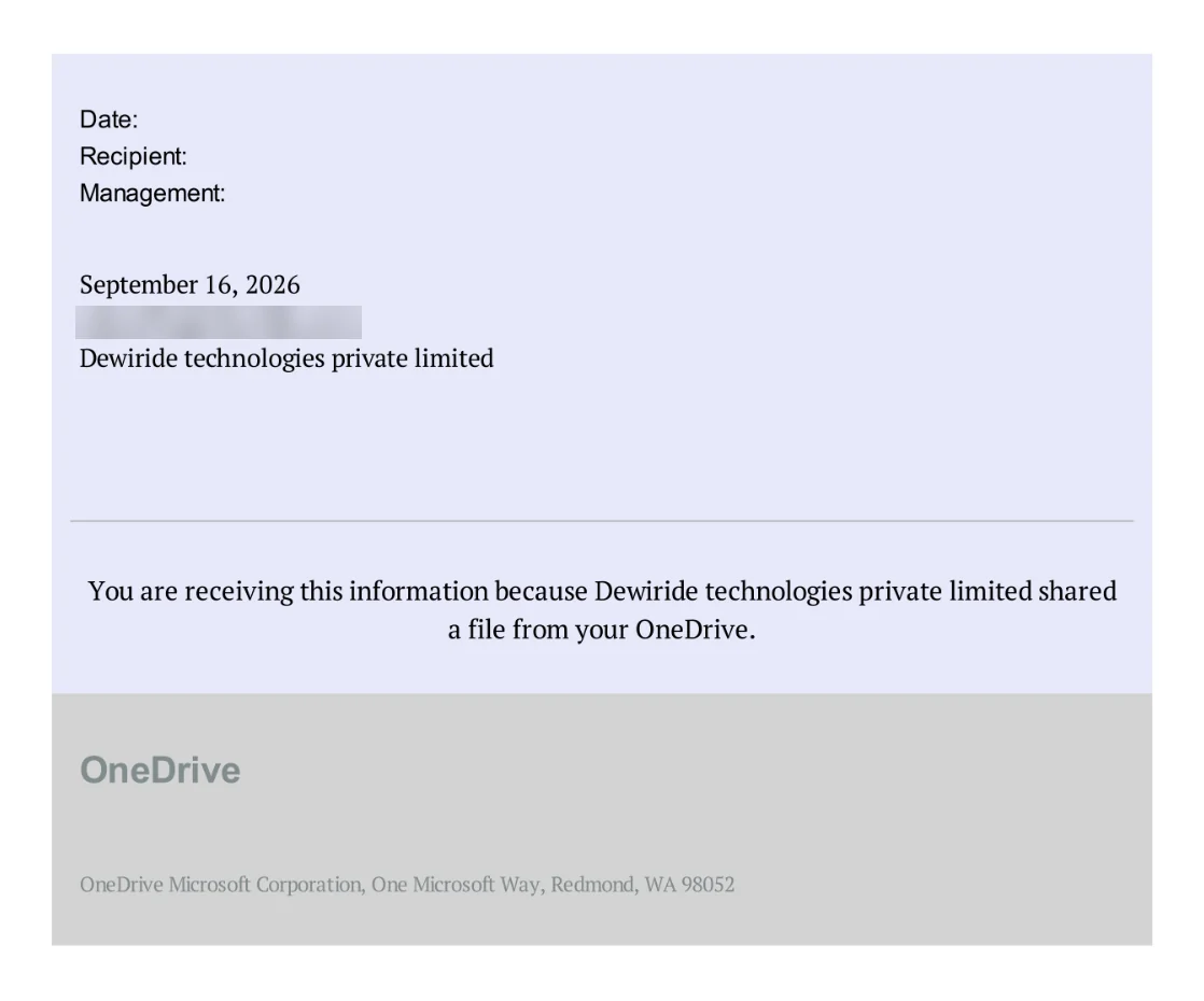 Attachment, page 2: Date, Recipient and Management fields and a OneDrive footer, with the recipient blurred