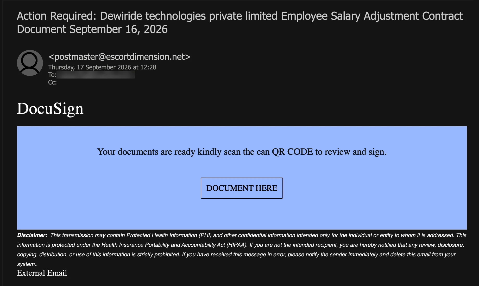 Attacking email screenshot: a DocuSign-styled notice telling the recipient to scan a QR code, above a HIPAA disclaimer
