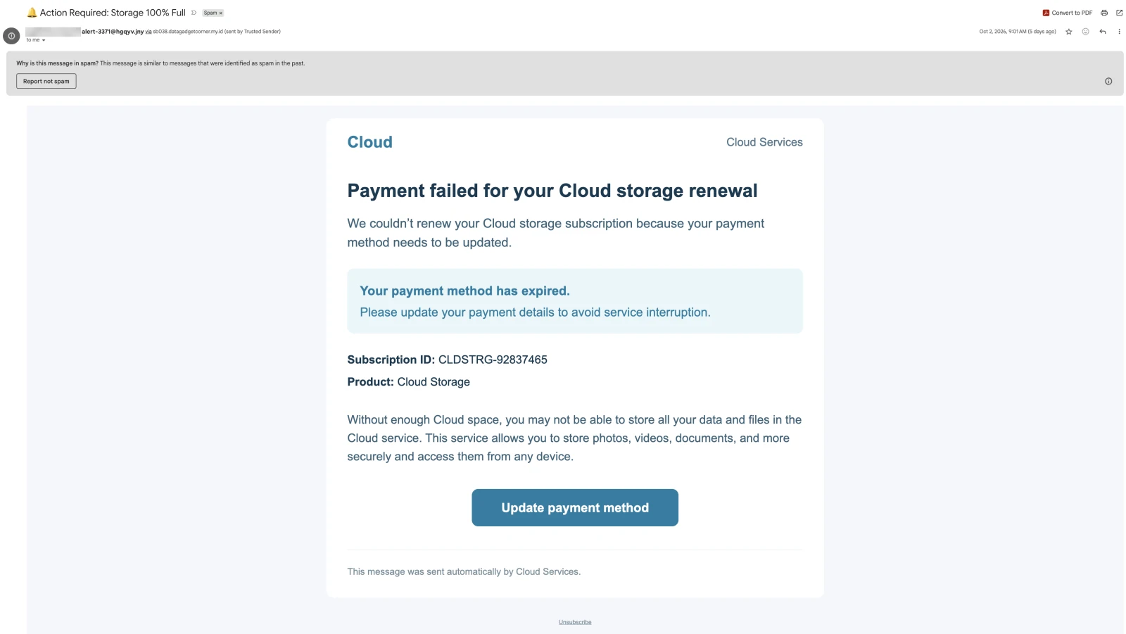 Attacking email screenshot: a Cloud Services payment-failed notice with a teal Update payment method button, filed in Gmail's Spam folder, with the recipient's mailbox name pixelated in the header