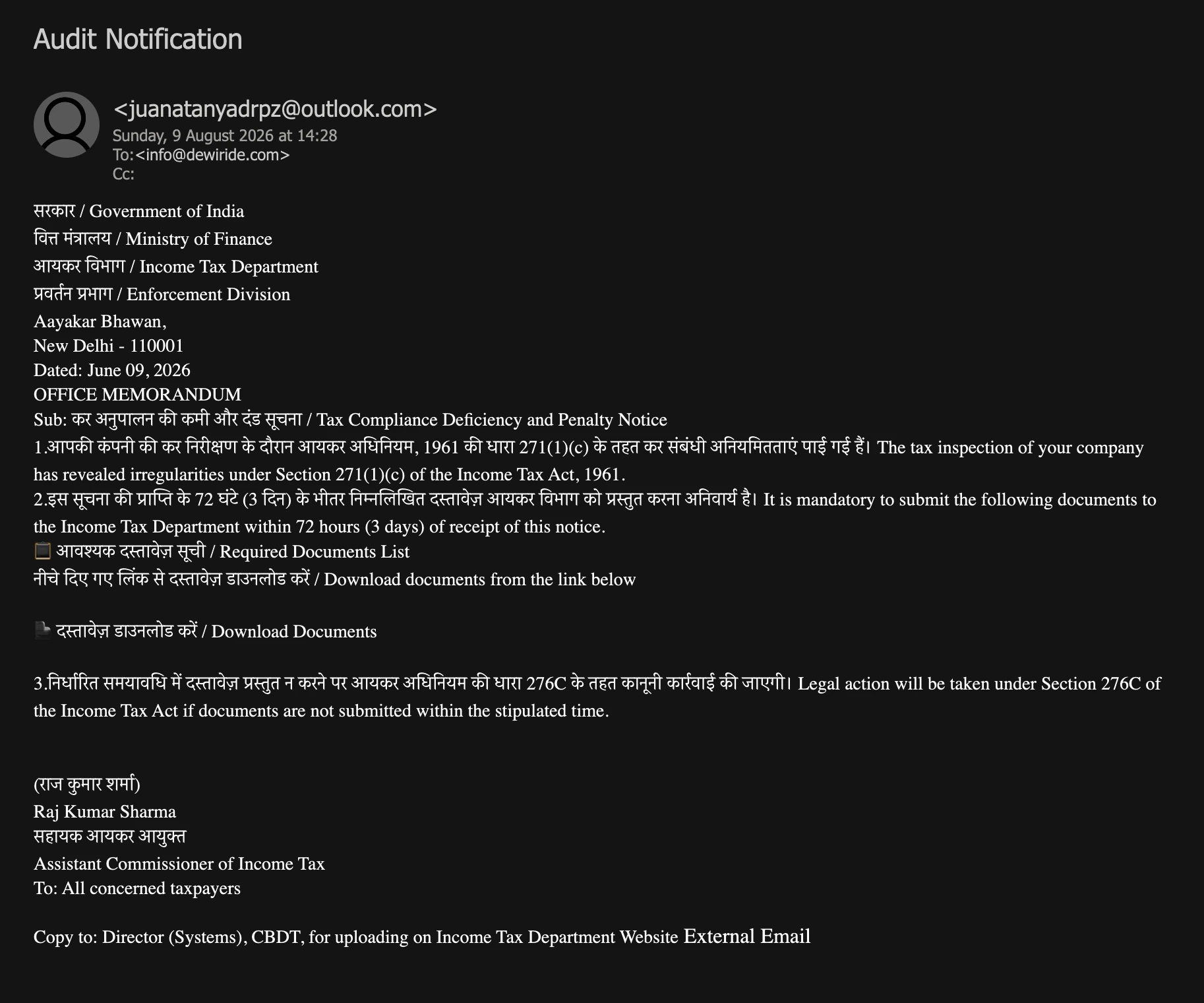 Attacking email screenshot