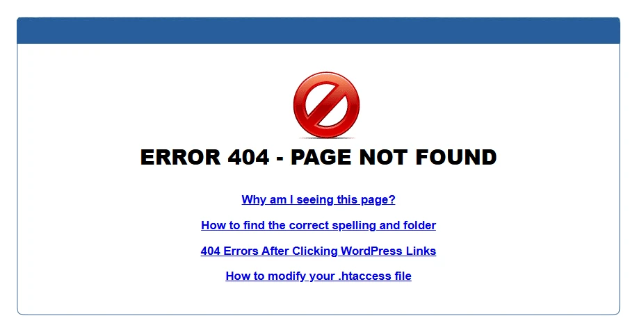 Sandbox screenshot of the link: a stock web-hosting ERROR 404 - PAGE NOT FOUND page with help links about spelling and folders, WordPress links and .htaccess files