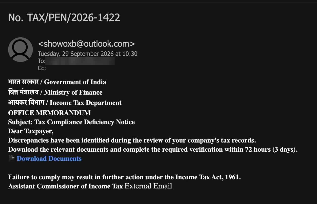 Attacking email screenshot: a bilingual Government of India letterhead over an office memorandum titled Tax Compliance Deficiency Notice, with a 72-hour deadline and a blue Download Documents link, with the recipient address blurred