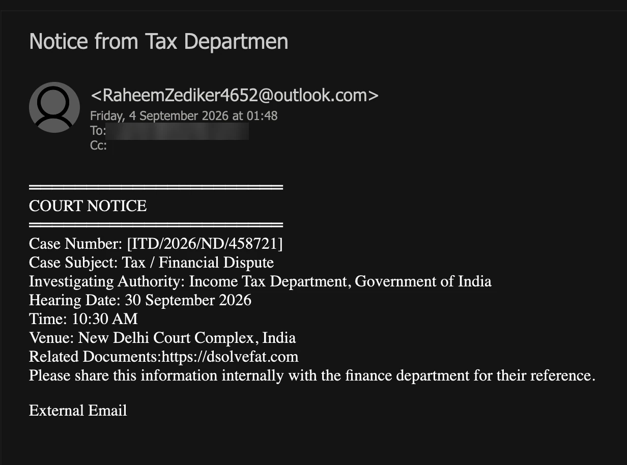 Attacking email screenshot