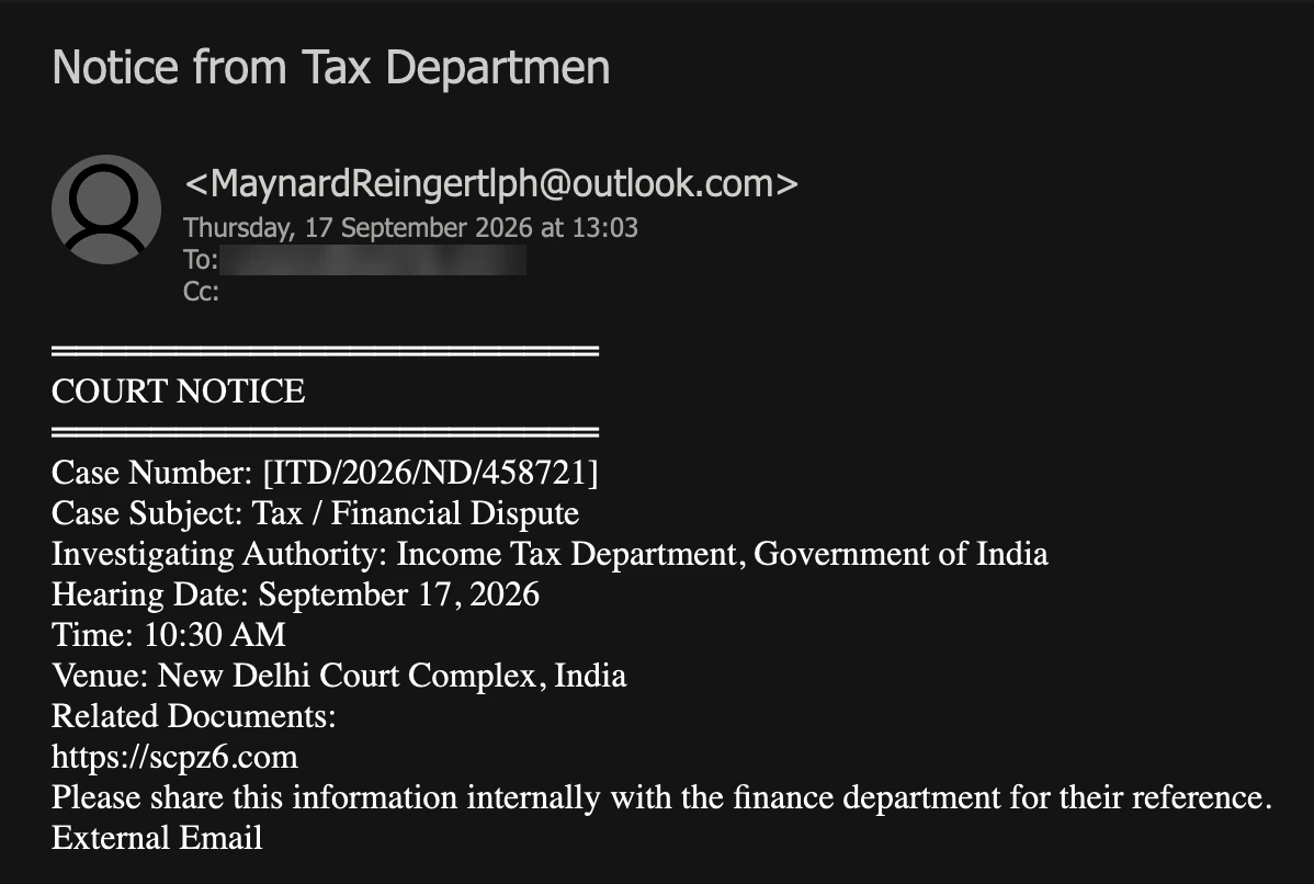 Attacking email screenshot: a plain-text COURT NOTICE from an Outlook address, received at 13:03 on 17 September 2026, giving a hearing at 10:30 AM that same day, with the recipient address blurred