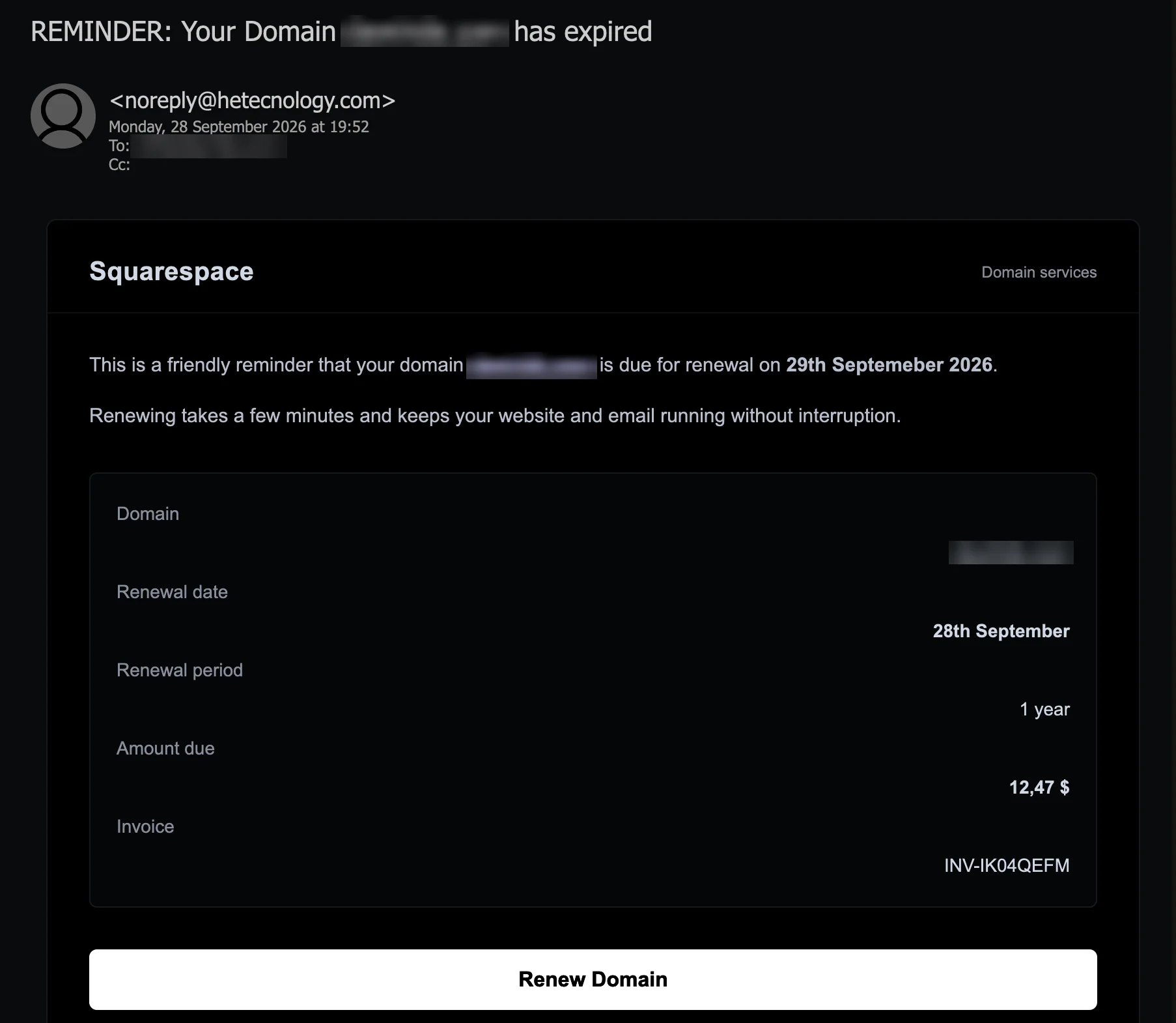 Attacking email screenshot: a dark Squarespace-branded domain renewal reminder with a details panel and a white Renew Domain button, with the recipient's domain and To address pixelated