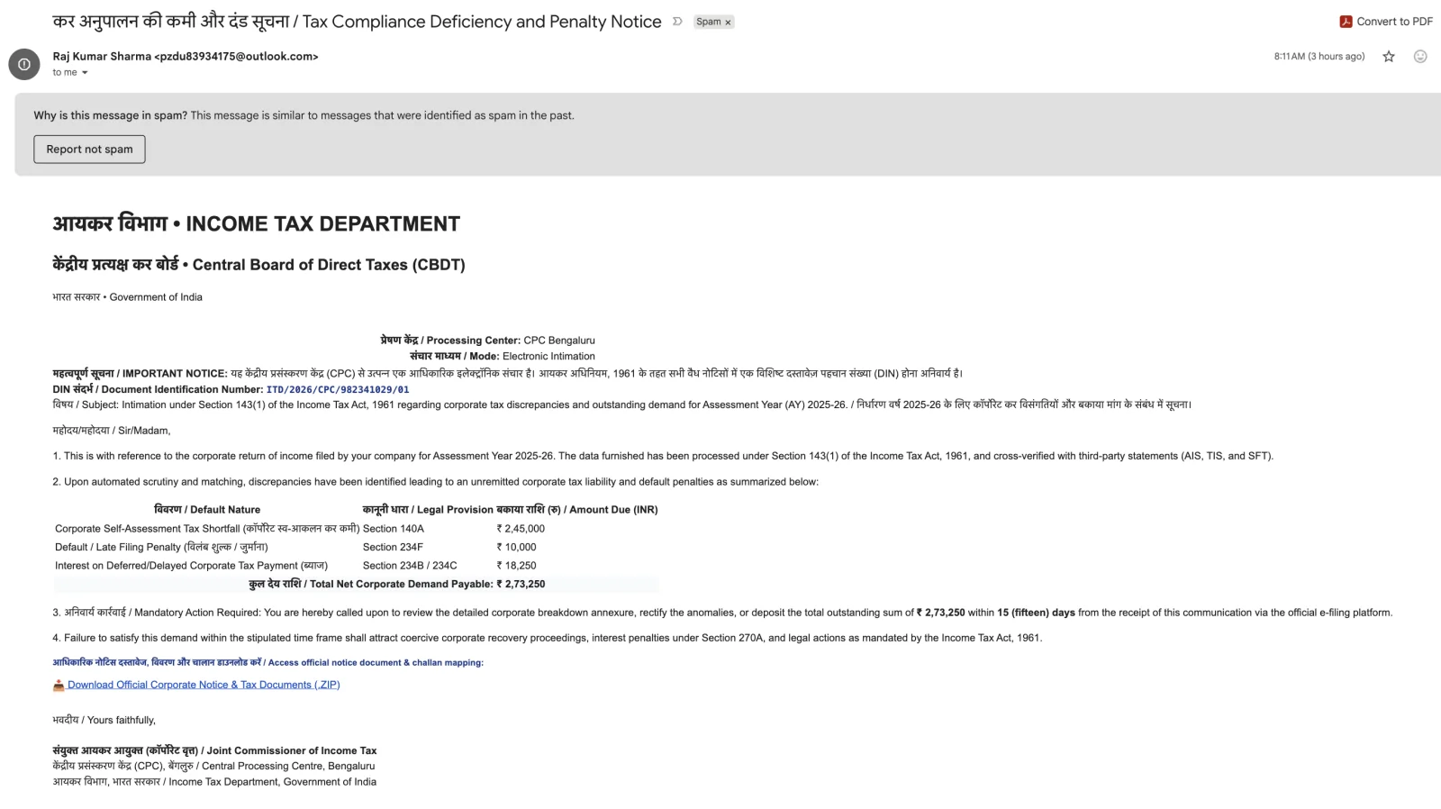 Attacking email screenshot, CPC Bengaluru intimation with demand table and ZIP download link