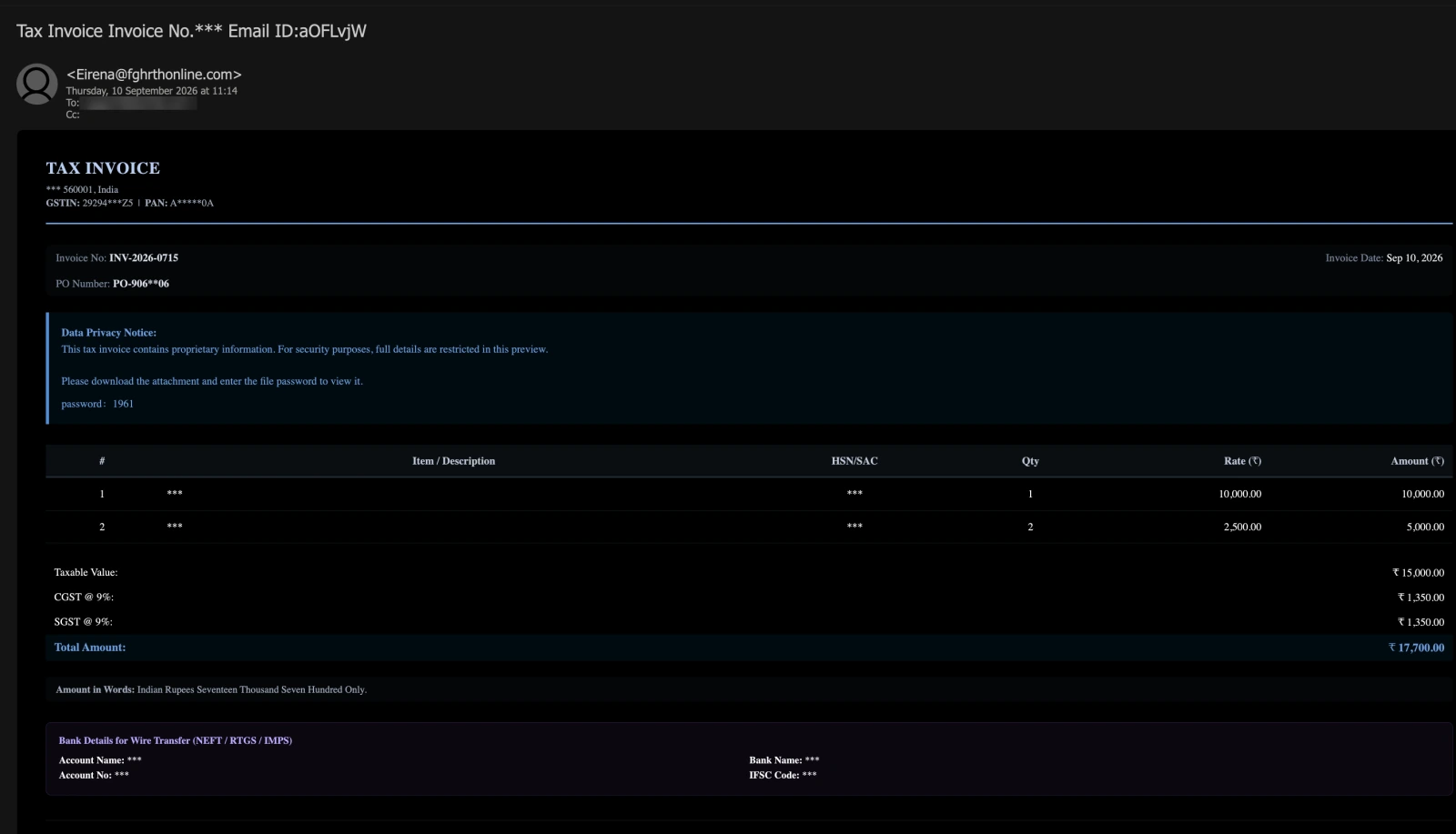 Attacking email screenshot: a dark-themed GST tax invoice with its supplier, items and bank details masked by asterisks, and a password for the attached ZIP