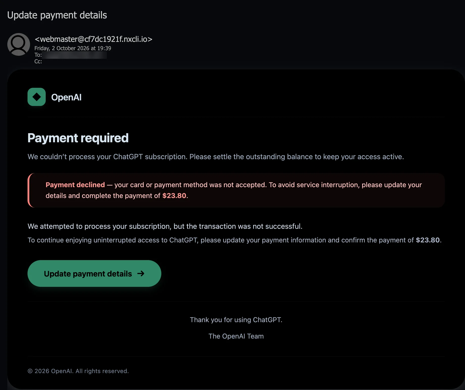 Attacking email screenshot: a dark OpenAI-branded Payment required notice with a red-edged Payment declined panel asking for $23.80 and a green Update payment details button, with the recipient address blurred
