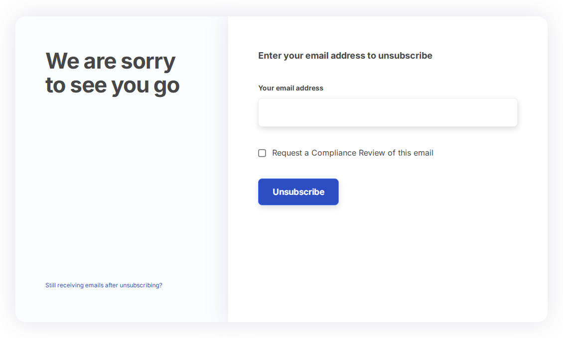 Link 2 in the sandbox: an unsubscribe page on coredatafye.com asking the visitor to type in their email address