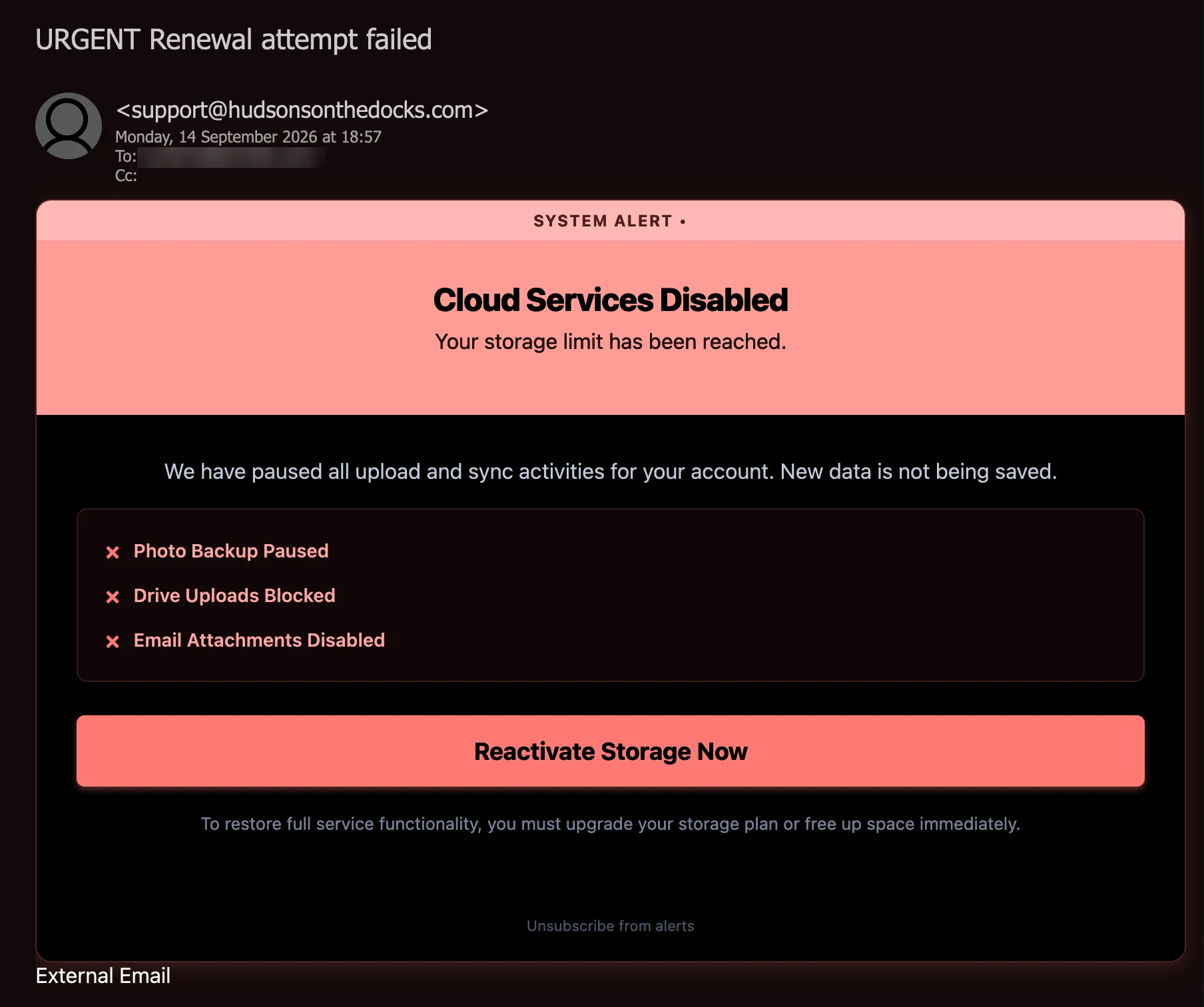 Attacking email screenshot: a red-and-black Cloud Services Disabled alert listing three stopped services above a Reactivate Storage Now button, with the recipient address blurred