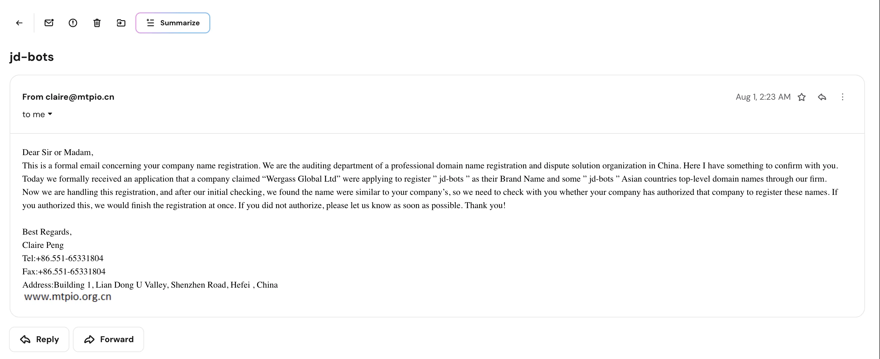Attacking email screenshot