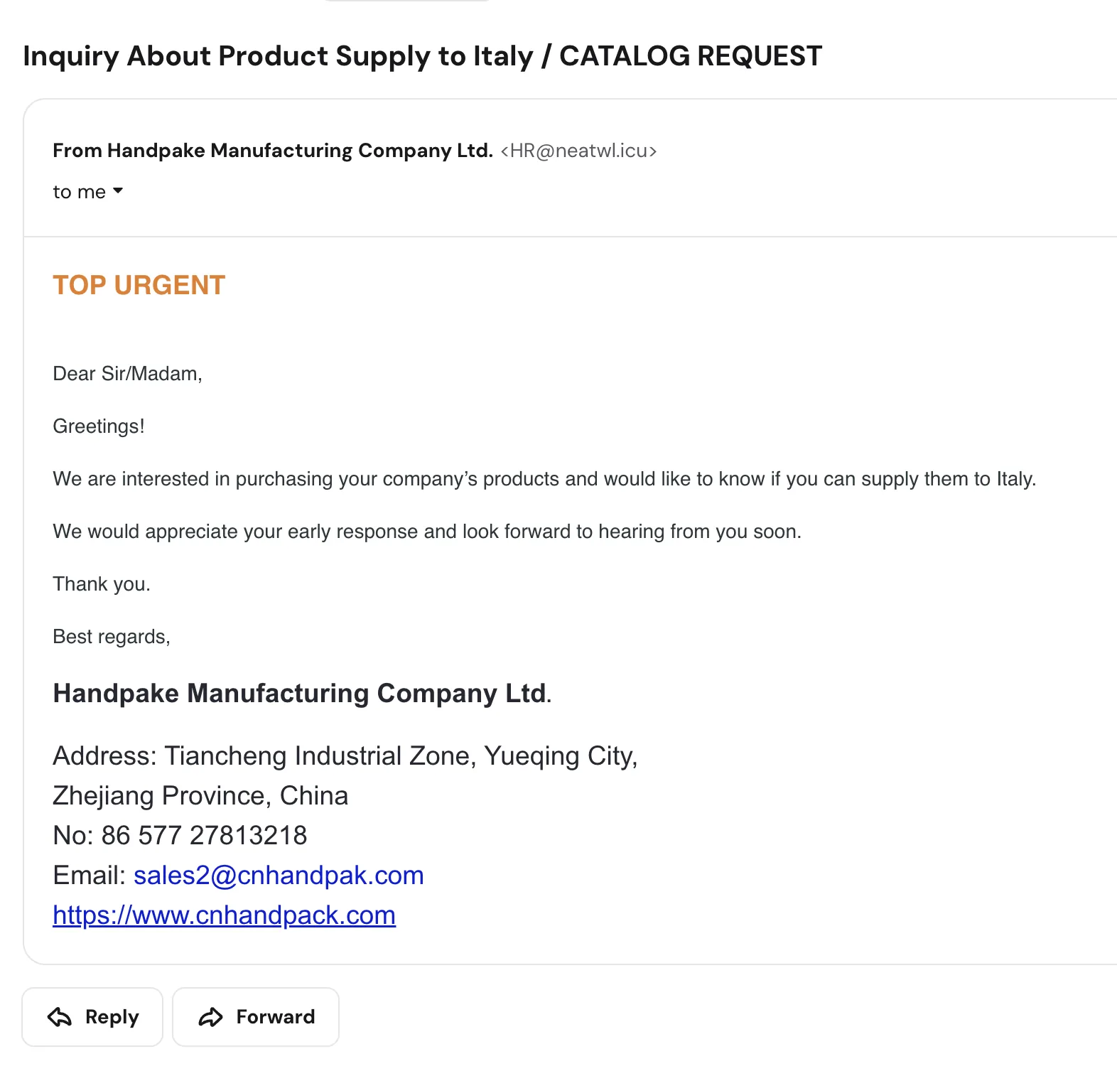 Attacking email screenshot